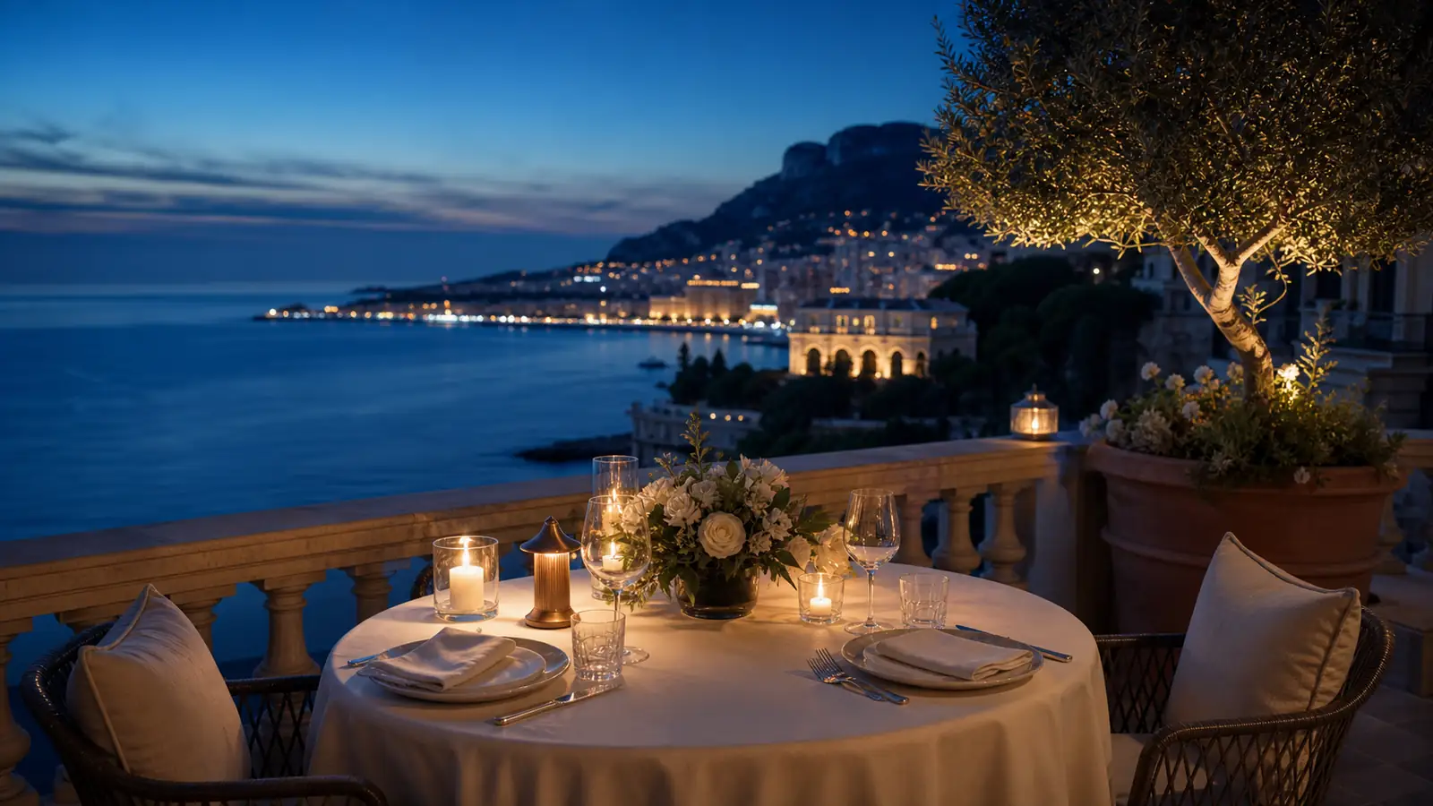 Candlelit terrace dinner overlooking the Mediterranean near Monaco