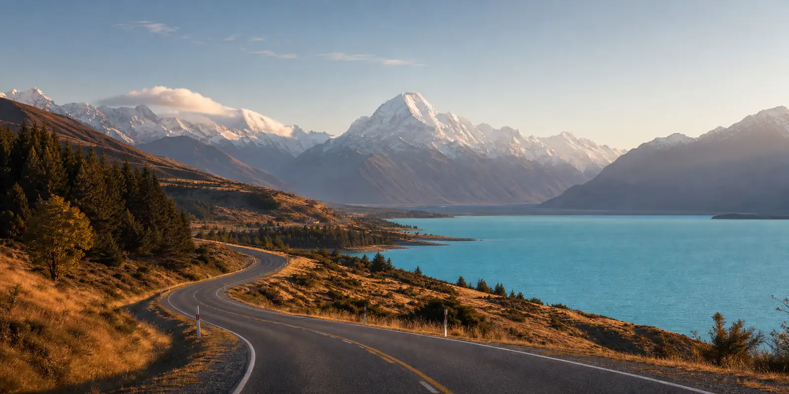 Scenic New Zealand road beside turquoise lake and Southern Alps
