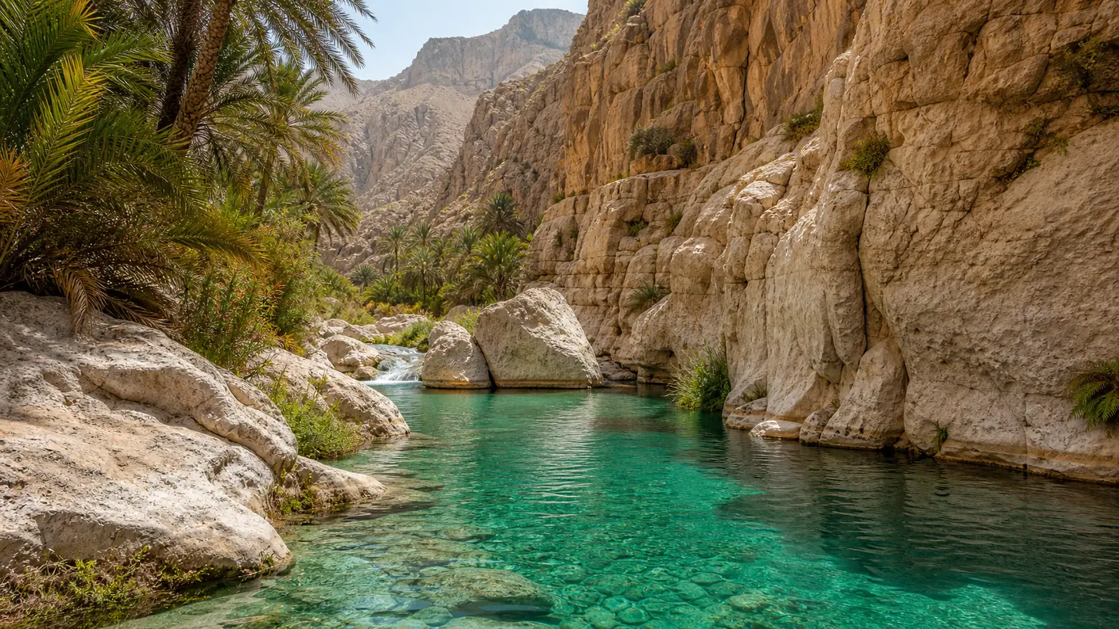 Emerald pools and limestone cliffs in a hidden Omani wadi