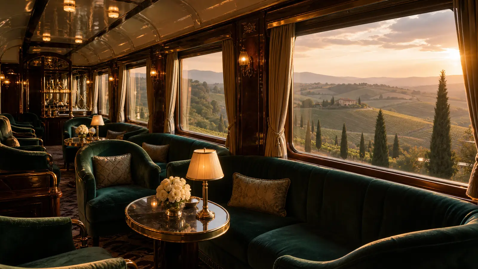 Art Deco rail lounge with European countryside beyond the windows
