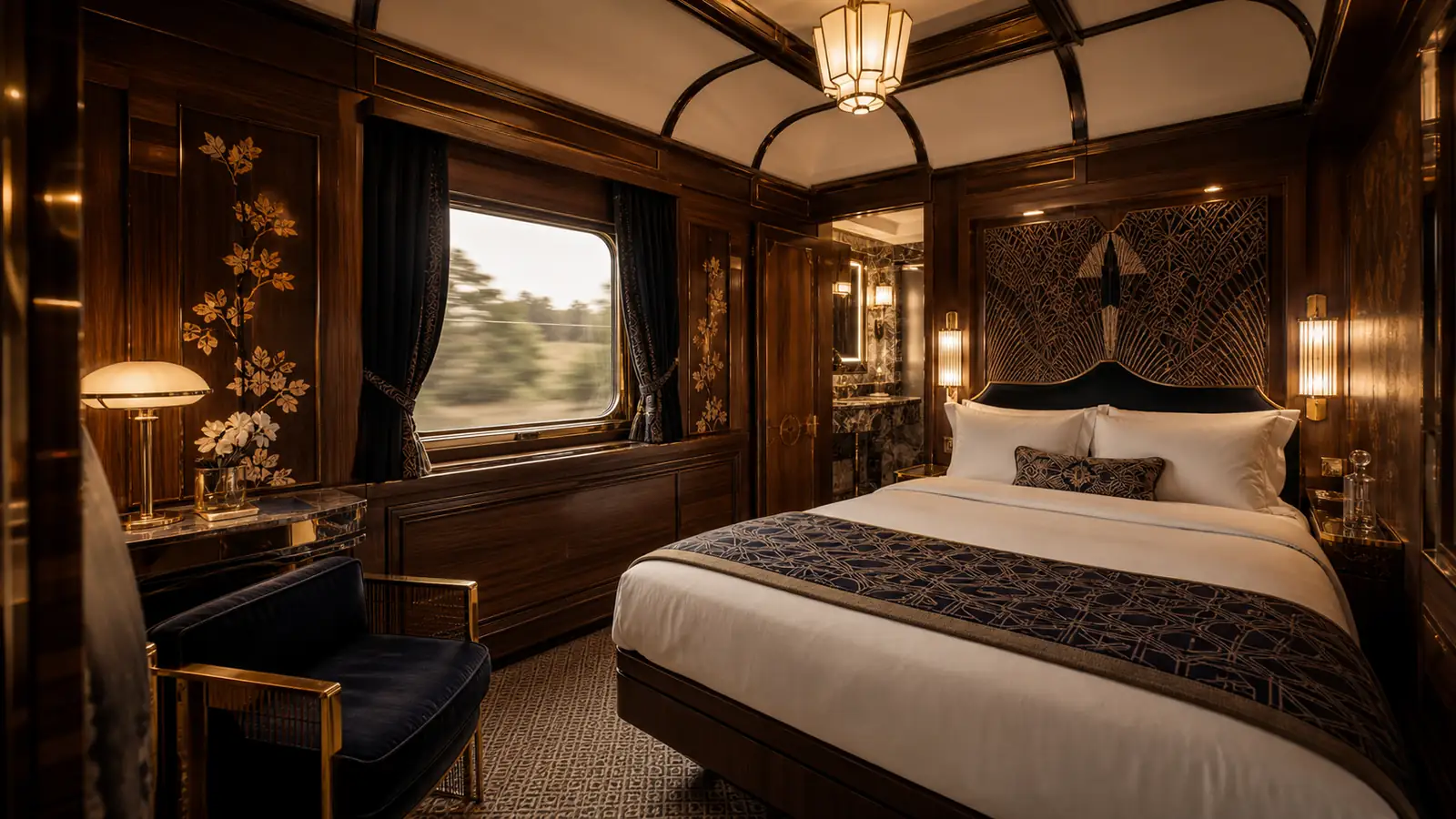 Elegant Art Deco sleeper suite on a luxury rail journey