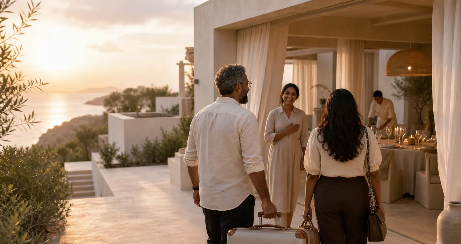 Travellers arriving at a private villa with soft coastal light.