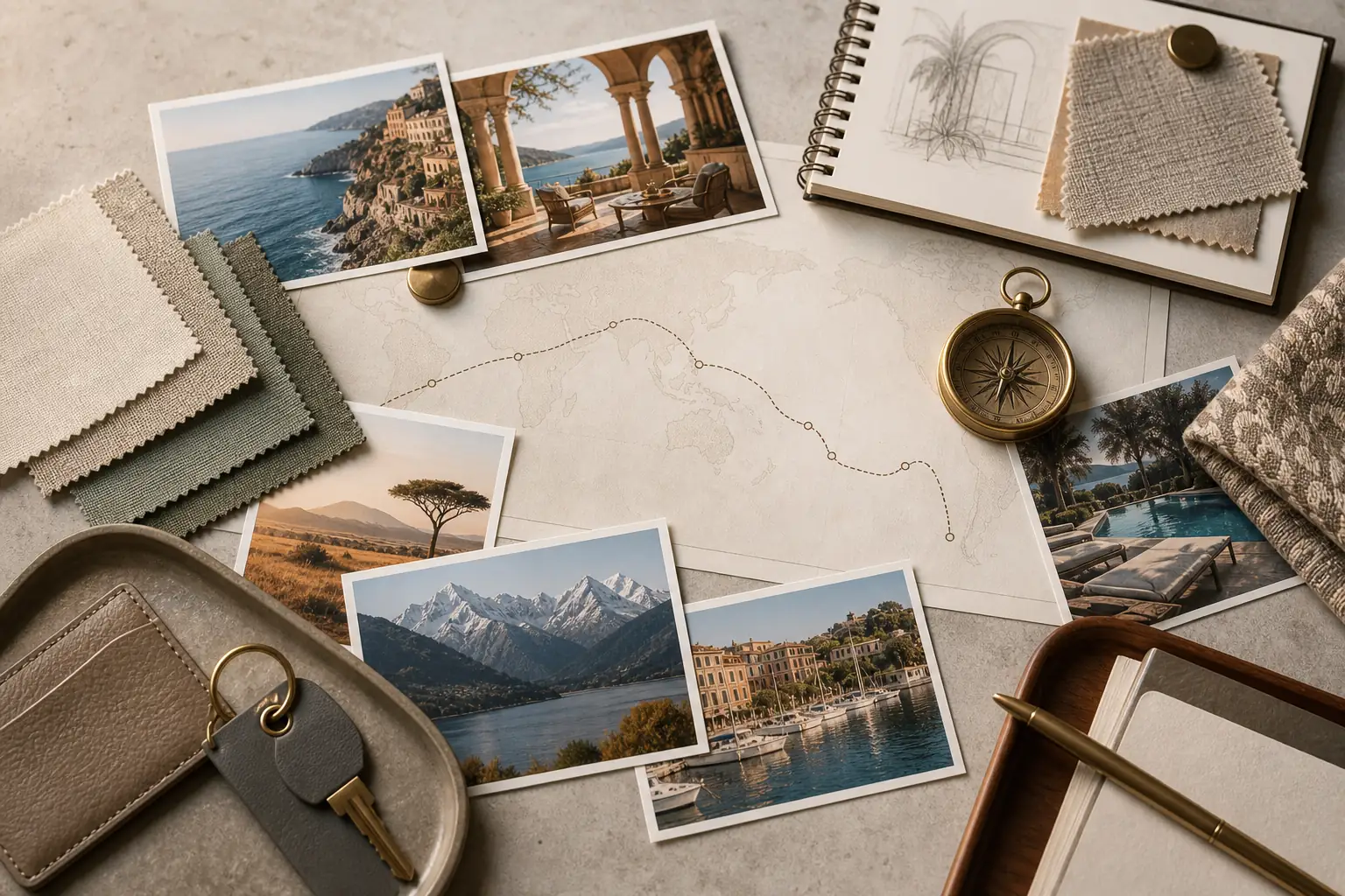 Curated travel moodboard with route, hotel key, and destination imagery