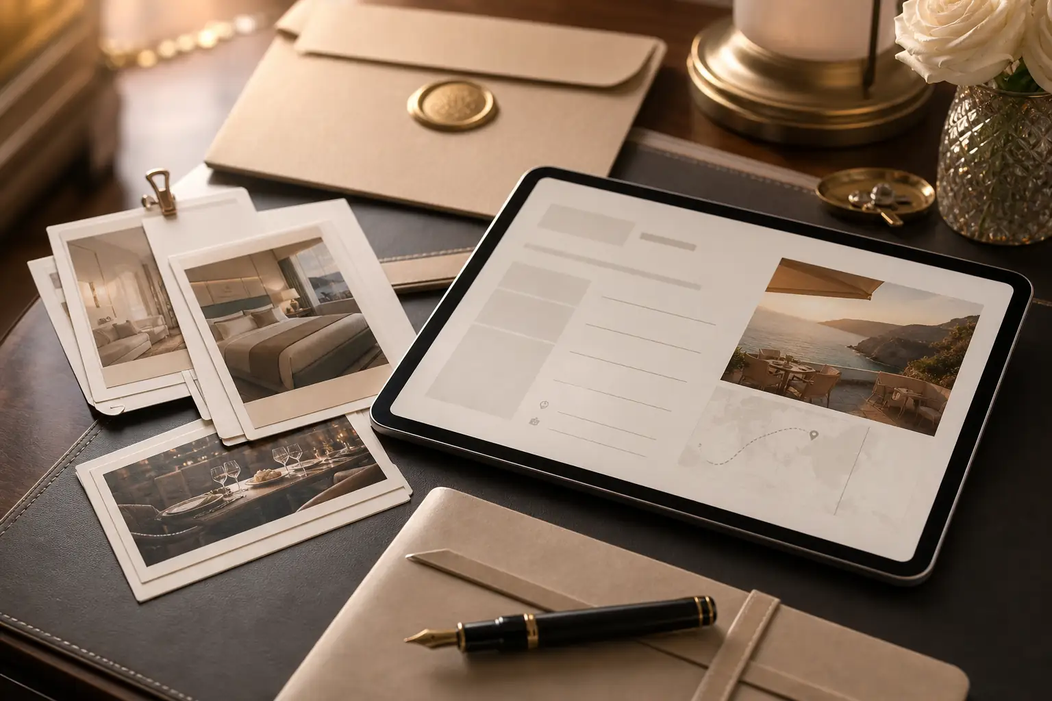 Considered itinerary refinement with tablet, envelope, and travel details