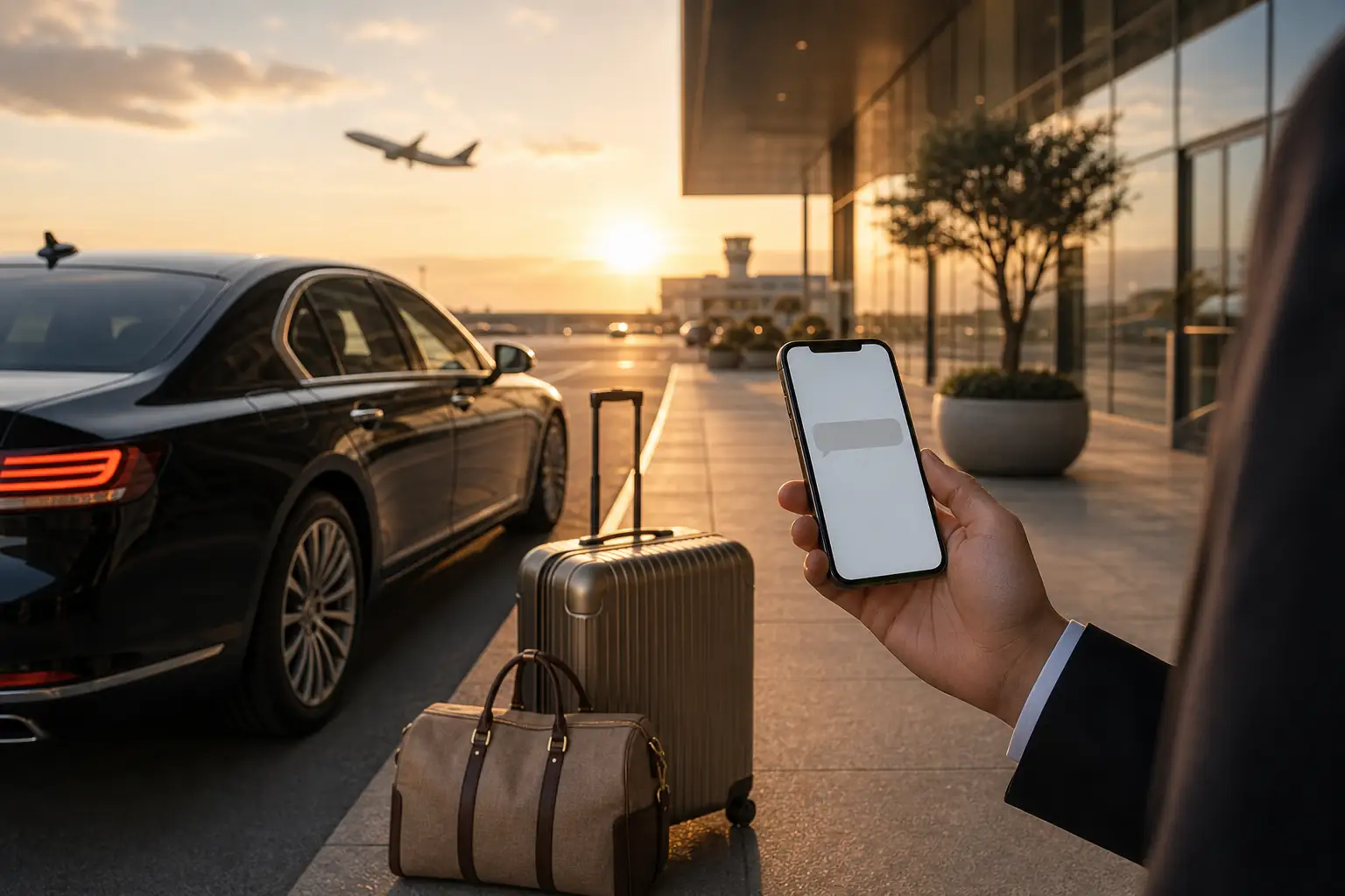 Seamless private travel departure with luggage, phone, and waiting car