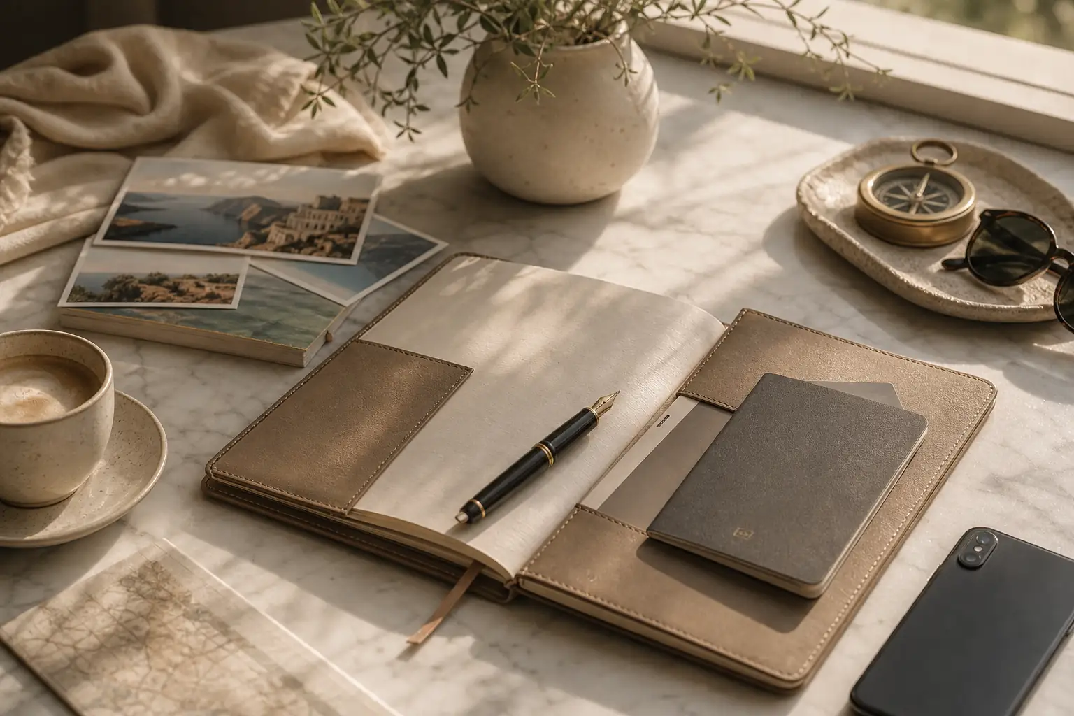 Elegant travel consultation with notebook, coffee, and travel details