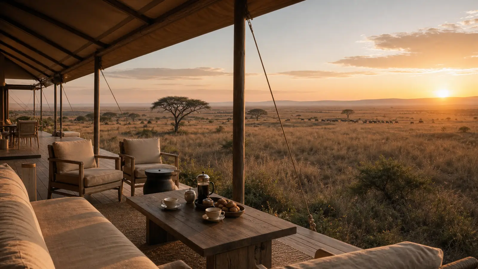 Luxury safari lodge deck overlooking Serengeti plains at sunrise