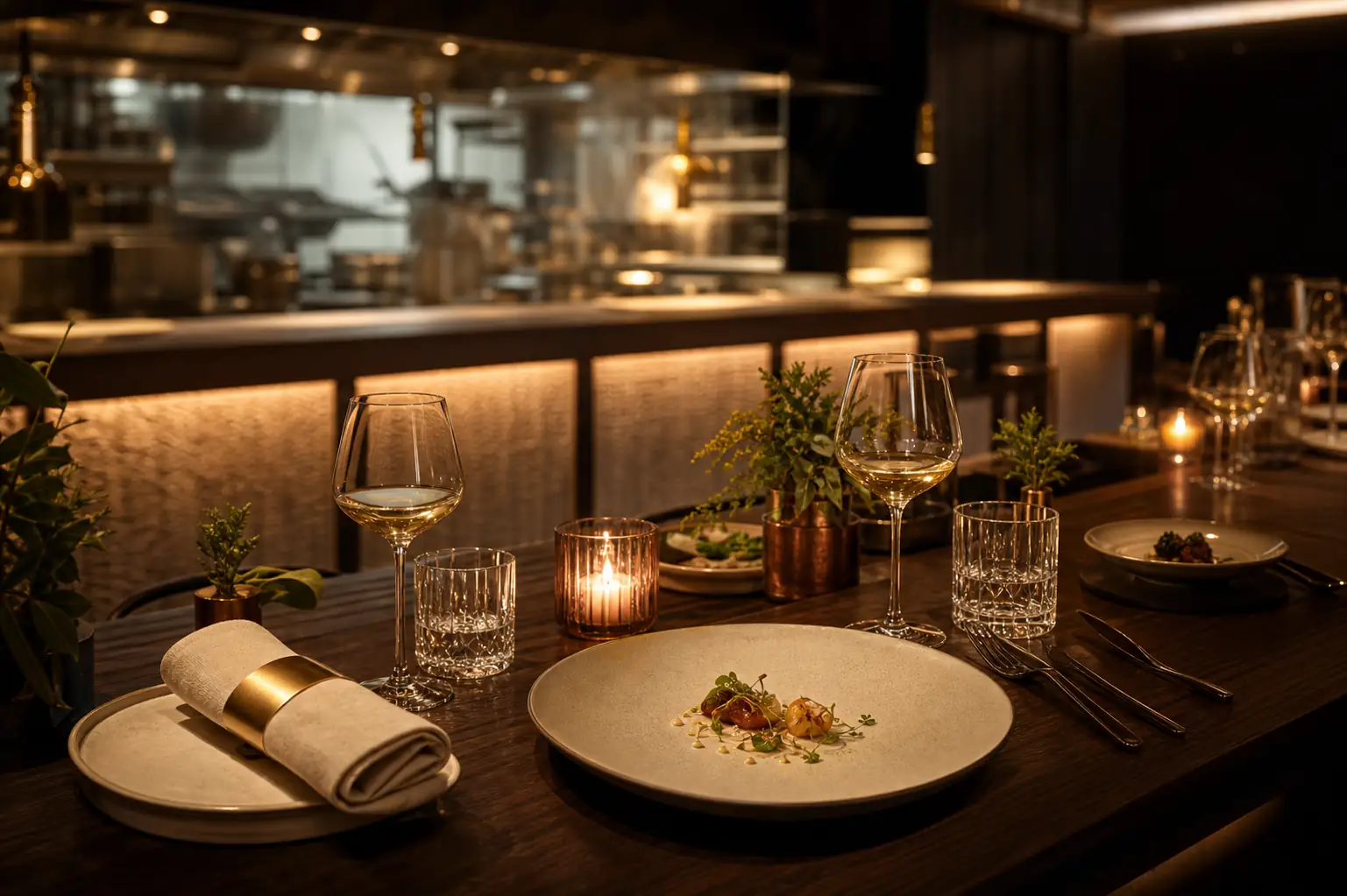 Intimate candlelit chef's table dinner