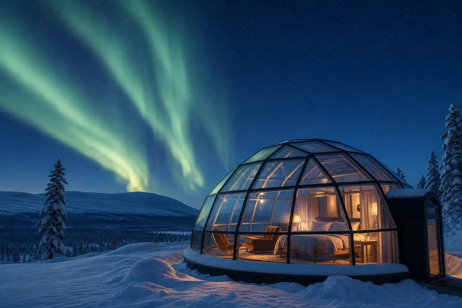 Dreamy glass retreat beneath a pale winter sky
