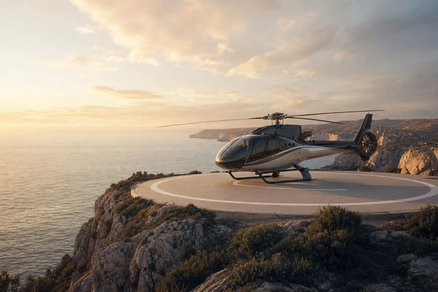Scenic helicopter on a private helipad above the coastline