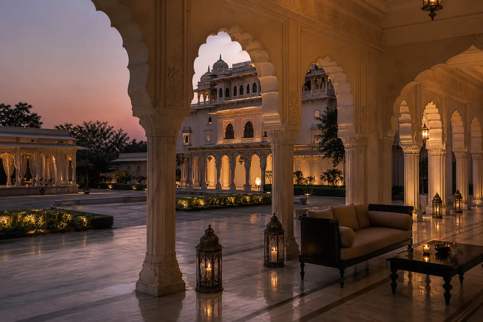 Historic palace corridor with warm evening light