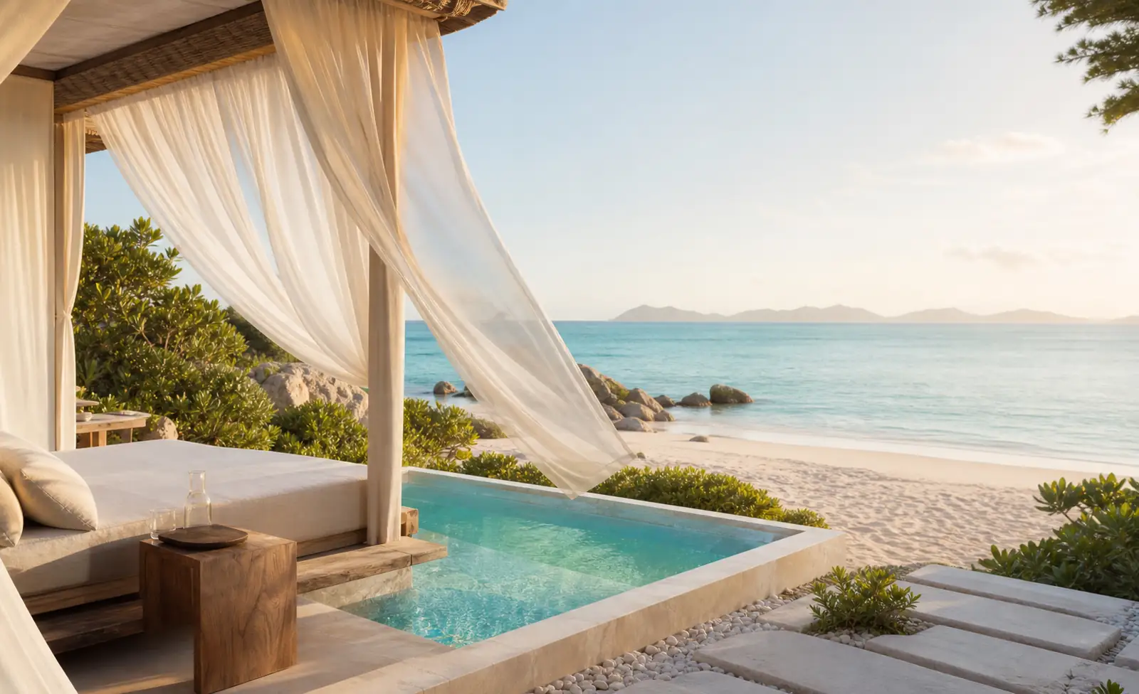 Private island villa with soft curtains and sea beyond
