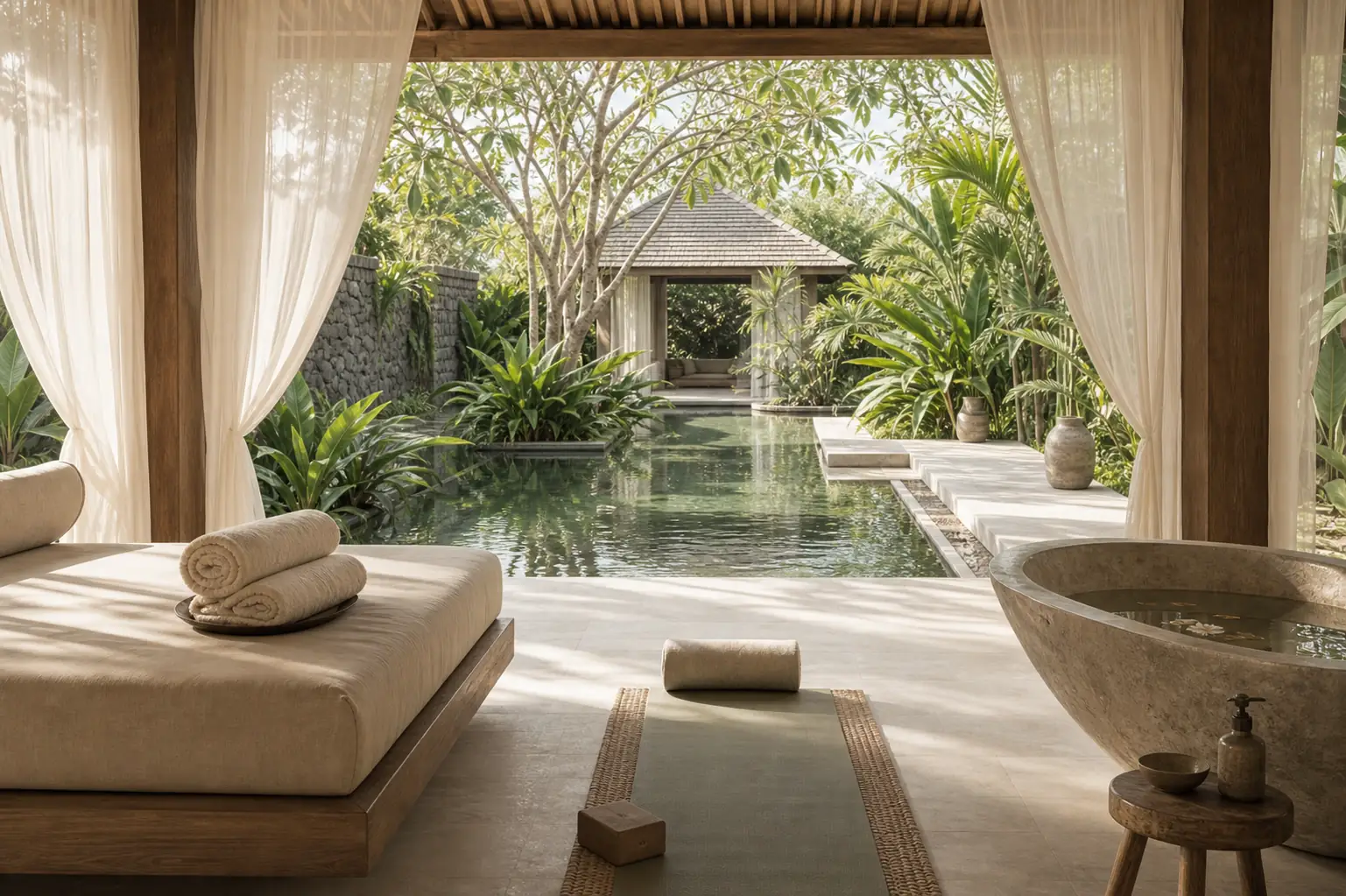Minimal wellness retreat with soft light and open space