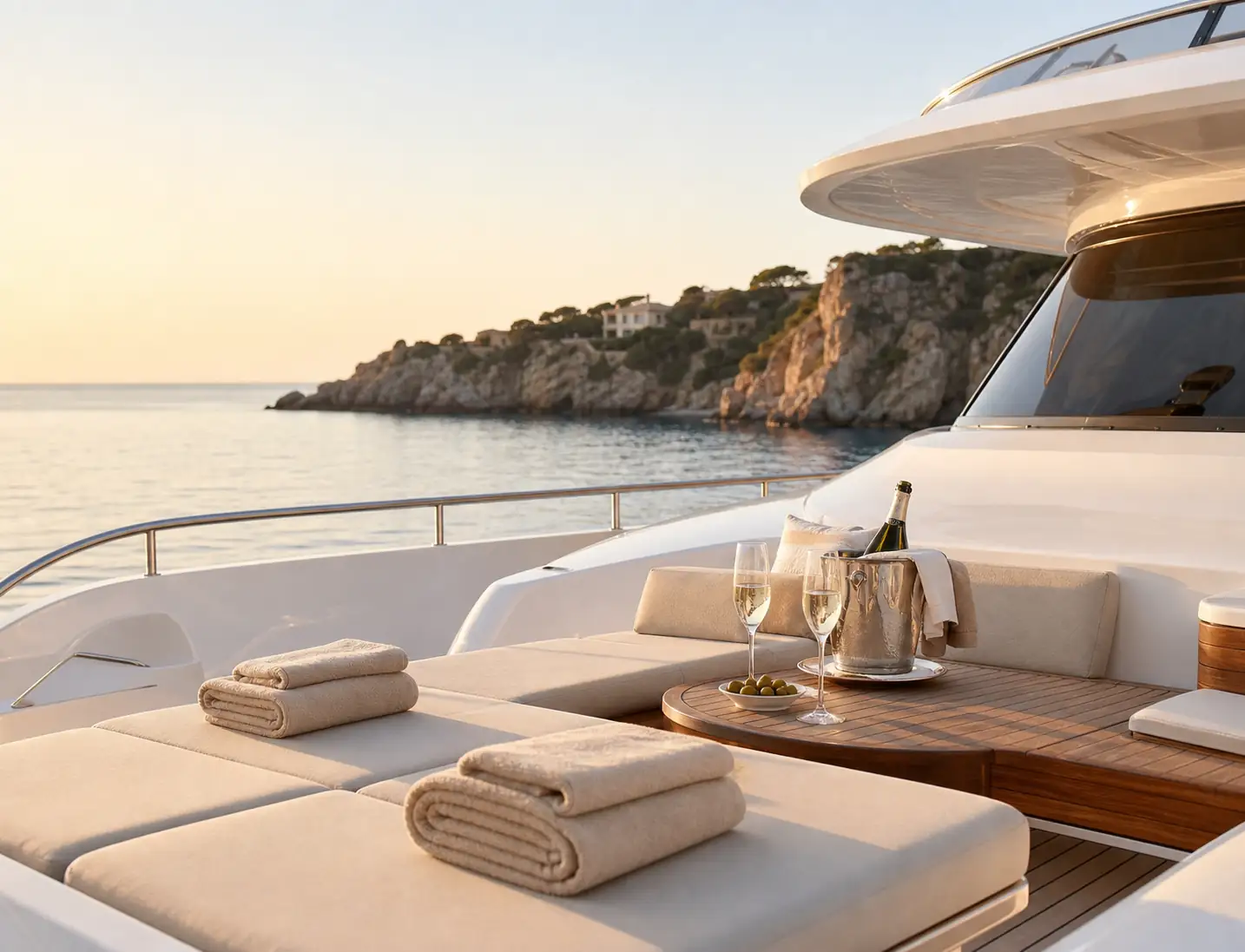 Private yacht deck near a quiet island coastline